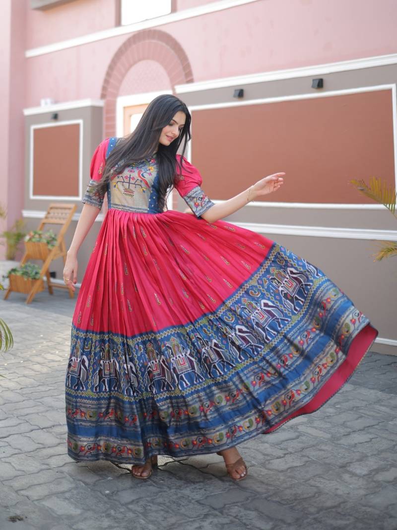 Indiatellme Pink Dola Silk Gown with Patola Designer Foil Print for Festive & Occasion Wear