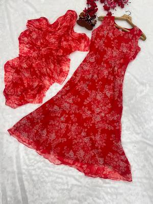 red gown style pre-stitched georgette saree free size upto 44 4