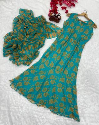 aqua gown style pre draped georgette saree free size upto 44 4