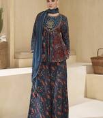 Well teal blue floral alia cut pure crepe silk stiched salwar kameez, plazzo, and dupatta