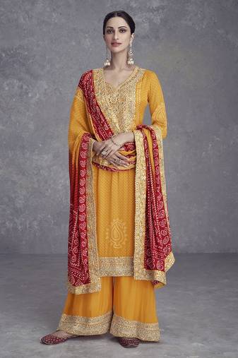 Yellow chinon embroidered readymade stiched salwar kameez