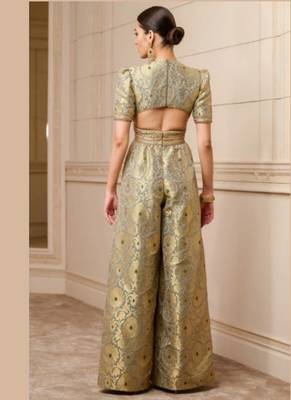 Pista Green Bamboo Banarasi Brocade Jumpsuit with Gold Lace 2