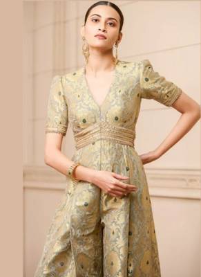 Pista Green Bamboo Banarasi Brocade Jumpsuit with Gold Lace 3