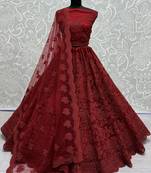 Captivating Maroon Dori Coded, Pattern Flower, and Thread Embroidered with Zircon Studded all over and Net Lehenga Choli