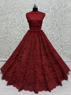 Captivating Maroon Dori Coded, Pattern Flower, and Thread Embroidered with Zircon Studded all over and Net Lehenga Choli 2