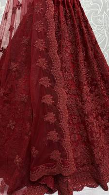 Captivating Maroon Dori Coded, Pattern Flower, and Thread Embroidered with Zircon Studded all over and Net Lehenga Choli 3