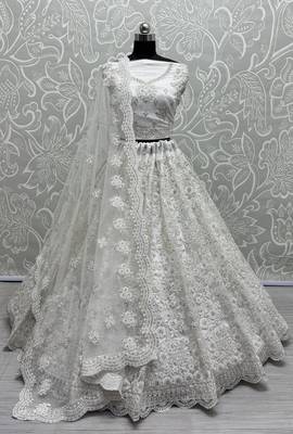 Delightful White Dori Coded, Pattern Flower, and Thread Embroidered with Zircon Studded all over and Net Lehenga Choli 1