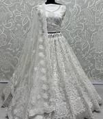 Delightful White Dori Coded, Pattern Flower, and Thread Embroidered with Zircon Studded all over and Net Lehenga Choli