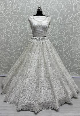 Delightful White Dori Coded, Pattern Flower, and Thread Embroidered with Zircon Studded all over and Net Lehenga Choli 2