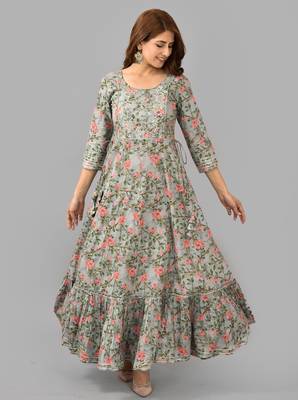Grey floral printed with embroidered work rayon anarkali kurta 6