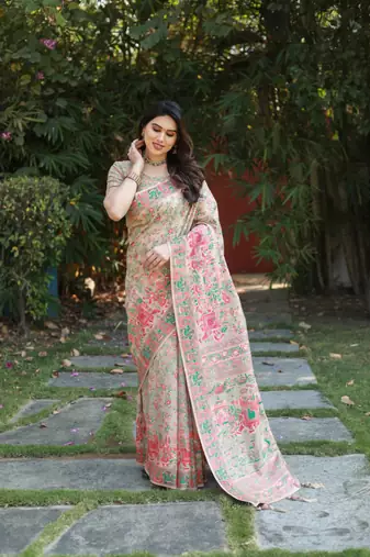Luxury And Beautiful Soft, Smooth, Flowing Original Pashmina Soft Cotton Saree With Matching Blouse Fabric