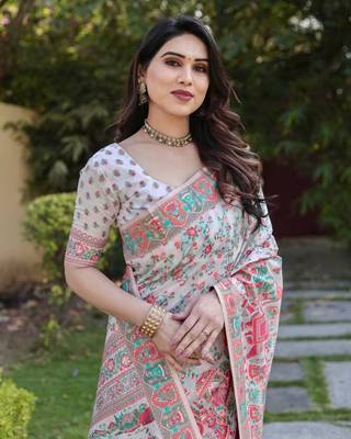 Luxury And Beautiful Soft, Smooth, Flowing Original Pashmina Soft Cotton Saree With Matching Blouse Fabric 3