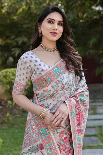 Luxury And Beautiful Soft, Smooth, Flowing Original Pashmina Soft Cotton Saree With Matching Blouse Fabric