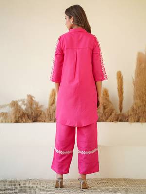 Pink Embroidered Shirt Collar Co-ord Set 4