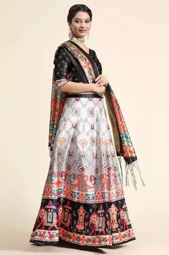 White Satin Silk Lehenga Choli Set With Dupatta