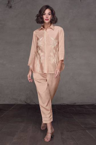Beige Embroidered Silk Free Size Stitched Top Suit (Size Upto 42) Free size full stitched Up To 42" Size