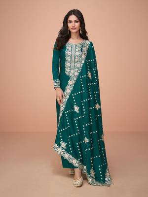 Teal Blue Embroidered Silk Straight Palazzo Suit Free size full stitched Up To 42" Size 1