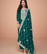 Teal Blue Embroidered Silk Straight Palazzo Suit Free size full stitched Up To 42" Size