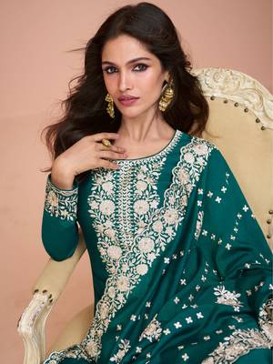 Teal Blue Embroidered Silk Straight Palazzo Suit Free size full stitched Up To 42" Size 2