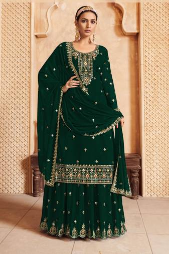 Green Embroidered Georgette Semi Stitched Straight Lehenga Suit Up To 42" Size