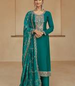 Teal Green Embroidered Silk  Straight Palazzo Suit Free size full stitched Up To 42" Size