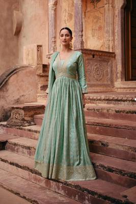 Turquoise Embroidered Jacquard Silk Free Size Stitched Gown Suit (Size Upto 42) Free size full stitched Up To 42" Size 1