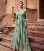 Turquoise Embroidered Jacquard Silk Free Size Stitched Gown Suit (Size Upto 42) Free size full stitched Up To 42" Size