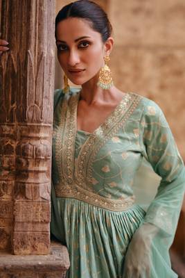 Turquoise Embroidered Jacquard Silk Free Size Stitched Gown Suit (Size Upto 42) Free size full stitched Up To 42" Size 2