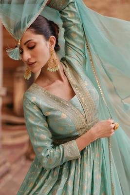 Turquoise Embroidered Jacquard Silk Free Size Stitched Gown Suit (Size Upto 42) Free size full stitched Up To 42" Size 3