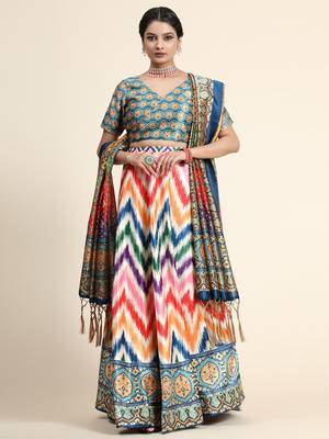 Multi-Colored Satin Silk Digital Printed Lehenga Choli Set With Dupatta 1