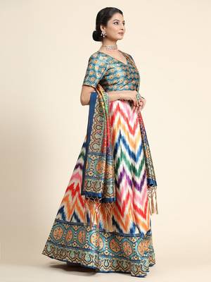 Multi-Colored Satin Silk Digital Printed Lehenga Choli Set With Dupatta 3