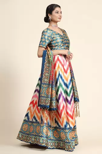 Multi-Colored Satin Silk Digital Printed Lehenga Choli Set With Dupatta