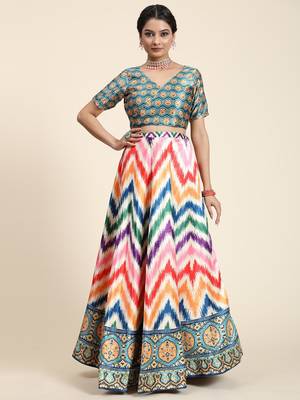 Multi-Colored Satin Silk Digital Printed Lehenga Choli Set With Dupatta 4