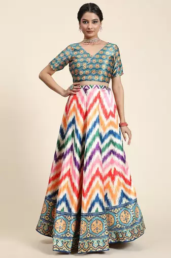 Multi-Colored Satin Silk Digital Printed Lehenga Choli Set With Dupatta