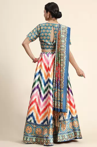 Multi-Colored Satin Silk Digital Printed Lehenga Choli Set With Dupatta