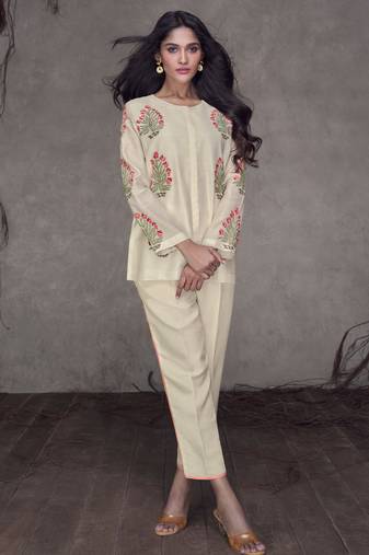 Cream Embroidered Silk Free Size Stitched Top Pant Suit. (Size Upto 42) Free size full stitched Up To 42" Size