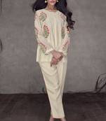 Cream Embroidered Silk Free Size Stitched Top Pant Suit. (Size Upto 42) Free size full stitched Up To 42" Size