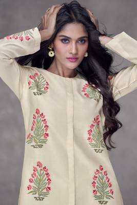 Cream Embroidered Silk Free Size Stitched Top Pant Suit. (Size Upto 42) Free size full stitched Up To 42" Size 2