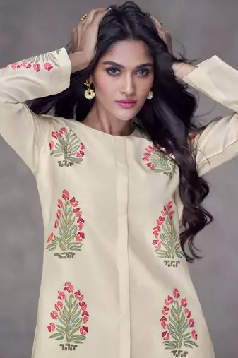 Cream Embroidered Silk Free Size Stitched Top Pant Suit. (Size Upto 42) Free size full stitched Up To 42" Size