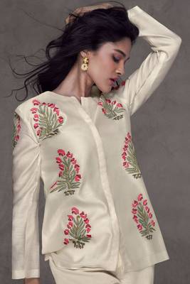 Cream Embroidered Silk Free Size Stitched Top Pant Suit. (Size Upto 42) Free size full stitched Up To 42" Size 3
