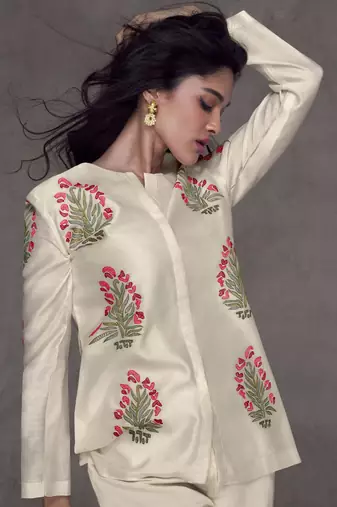 Cream Embroidered Silk Free Size Stitched Top Pant Suit. (Size Upto 42) Free size full stitched Up To 42" Size
