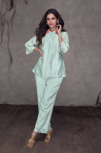 Mint Blue Embroidered Silk Free Size Stitched Top Pant Suit. (Size Upto 42) Free size full stitched Up To 42" Size