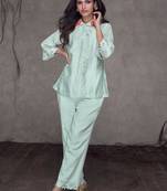 Mint Blue Embroidered Silk Free Size Stitched Top Pant Suit. (Size Upto 42) Free size full stitched Up To 42" Size