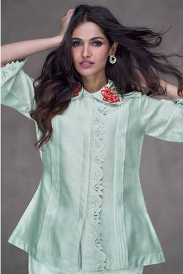 Mint Blue Embroidered Silk Free Size Stitched Top Pant Suit. (Size Upto 42) Free size full stitched Up To 42" Size 2