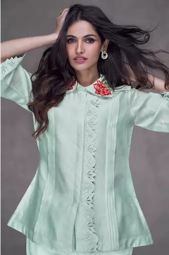 Mint Blue Embroidered Silk Free Size Stitched Top Pant Suit. (Size Upto 42) Free size full stitched Up To 42" Size