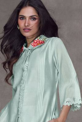 Mint Blue Embroidered Silk Free Size Stitched Top Pant Suit. (Size Upto 42) Free size full stitched Up To 42" Size 3
