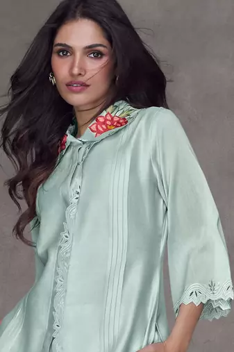 Mint Blue Embroidered Silk Free Size Stitched Top Pant Suit. (Size Upto 42) Free size full stitched Up To 42" Size