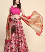 Pink Satin Silk Digital Printed Semi-Stitched Lehenga Choli Set With Dupatta