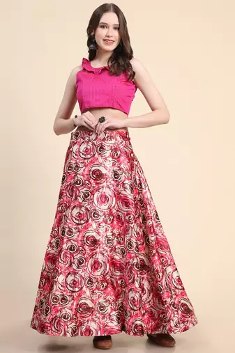 Pink Satin Silk Digital Printed Semi-Stitched Lehenga Choli Set With Dupatta