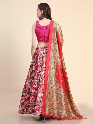 Pink Satin Silk Digital Printed Semi-Stitched Lehenga Choli Set With Dupatta 4